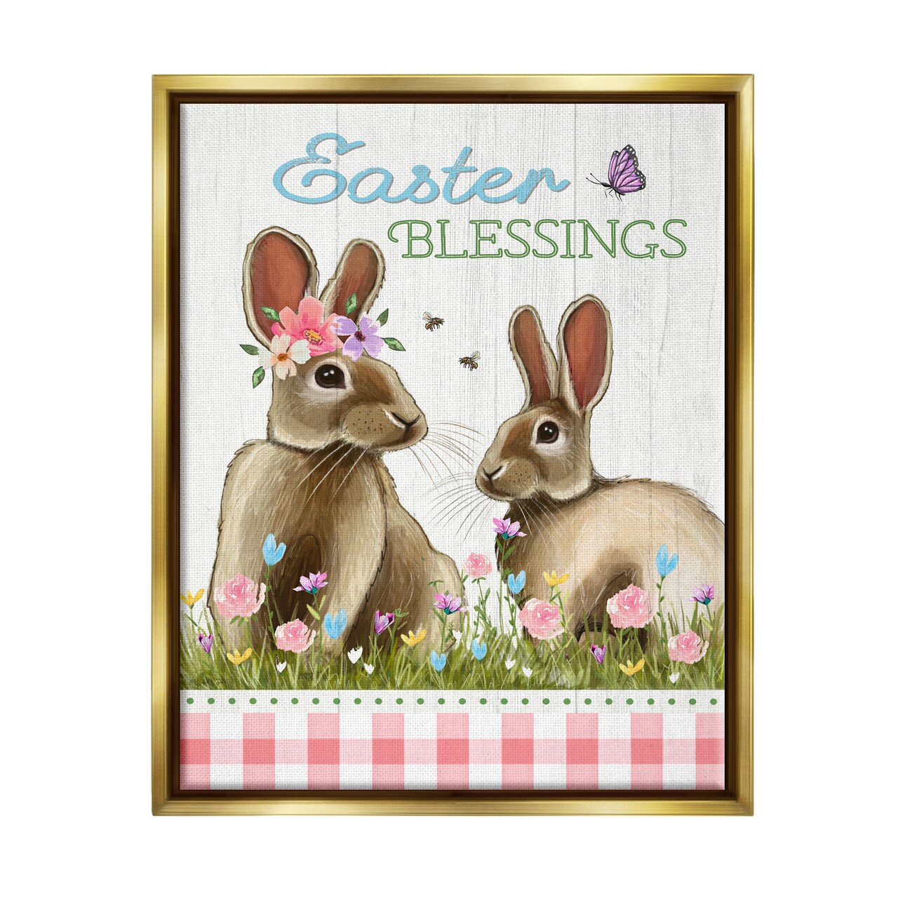 Stupell Industries Easter Blessings Gingham Bunnies Black Framed Floater Canvas Wall Art